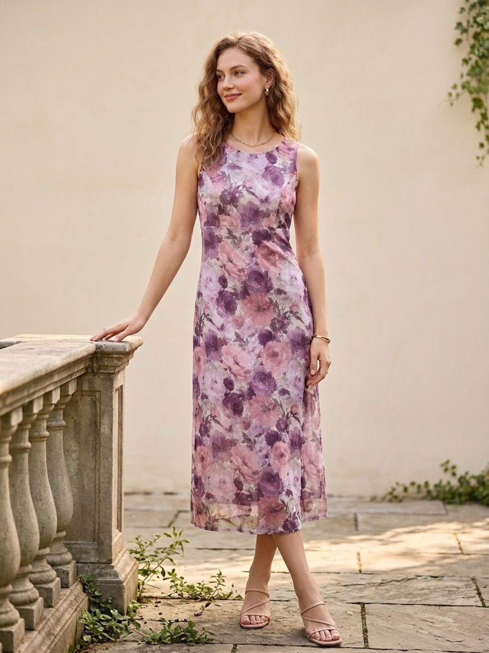 Vintage 90s Sleeveless Floral Midi Dress in Pink and Purple